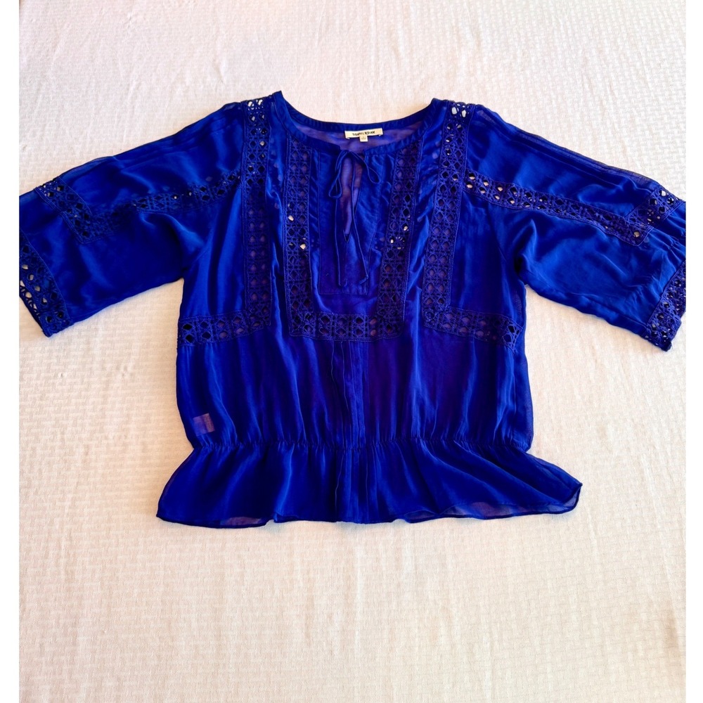 Daniel Rainn Royal Blue Crochet Lace Peasant Blouse Boho Chiffon Top M 11621